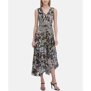 Calvin Klein Y2K Style Belted A Line Dress Asymmetrical Hem Patchwork No Sz